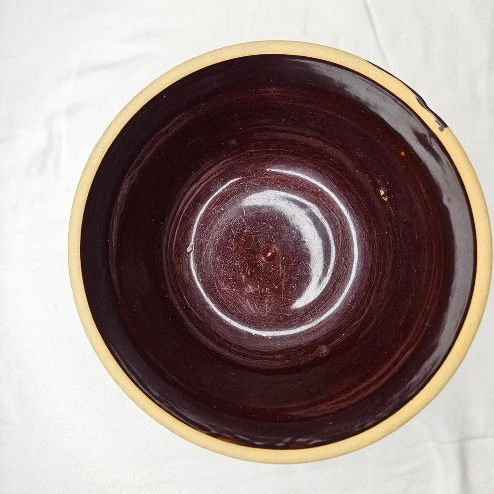 Vintage‎ USA 8 Inch Banded Stoneware Mixing Bowl Brown Blue Tan Ribbed Pottery
